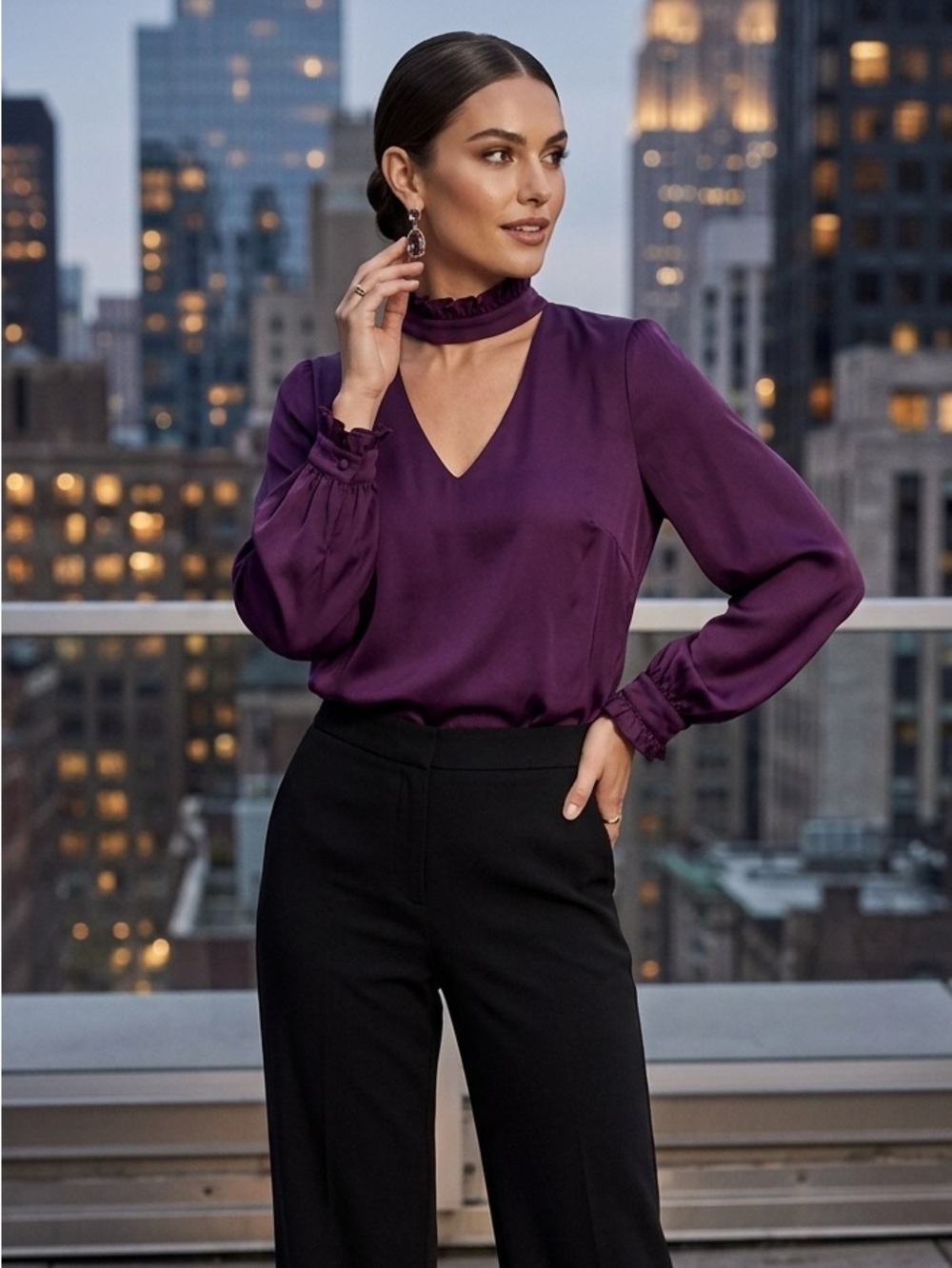 Nanette Lepore Womens Purple Mock Neck Blouse Size Medium V Neck Long Sleeve
